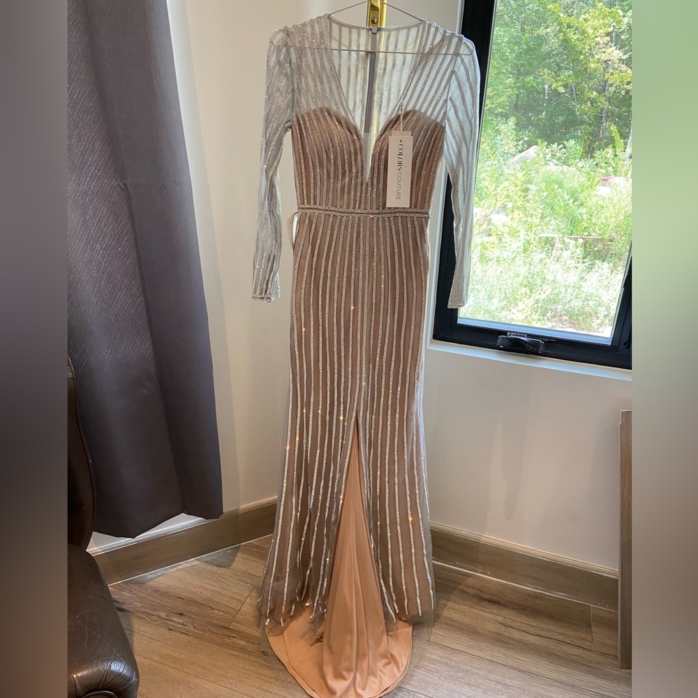 Long Sleeve Sequin Stripe Evening Gown in Nude and Silver